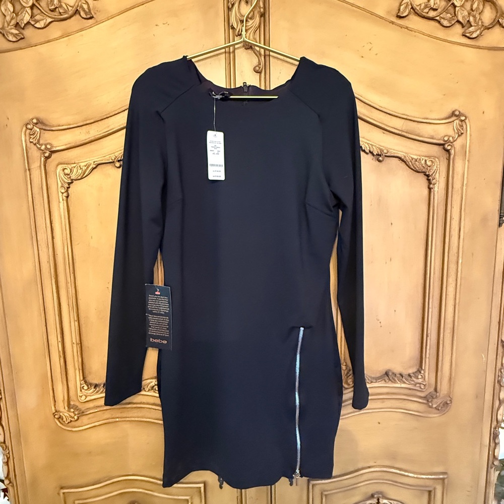 Vintage bebe Black Long Sleeve Mini Dress with Zipper Detail